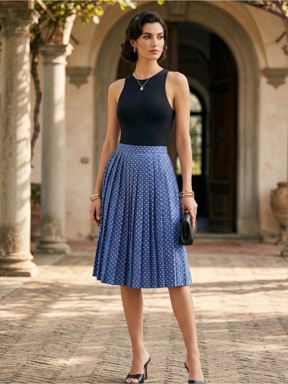 Lavia Italy Made Luxury Foulard Pleated Blue Geometric midi Designer Skirt 46/10